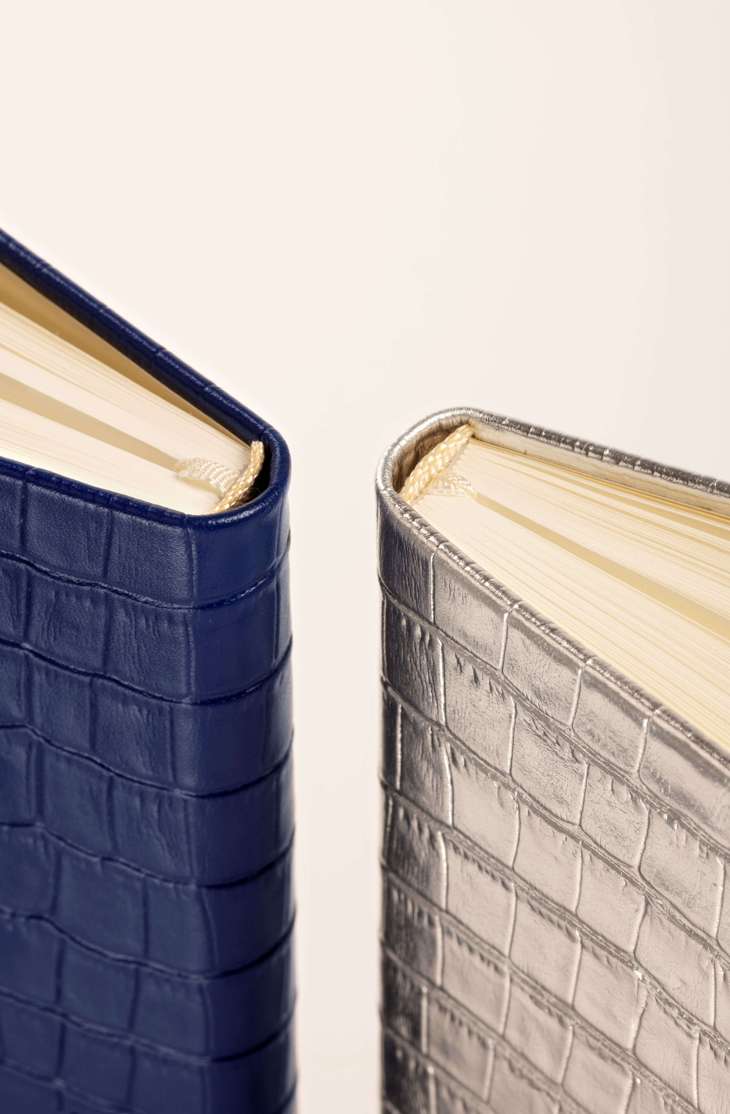 Signature croc-embossed Italian leather notebook in electric blue and silver, spine details. Éclipse leather cover with cream pages.
