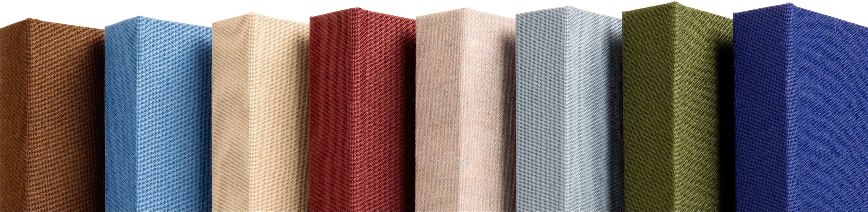 Row of books in various colors on a white background